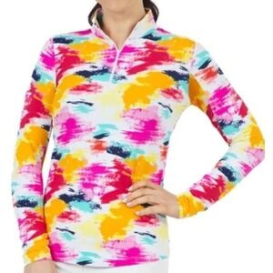 IBKUL MATILDA Multi Color Long Sleeve Mock Golf Shirt Large UPF 50‎ Protection